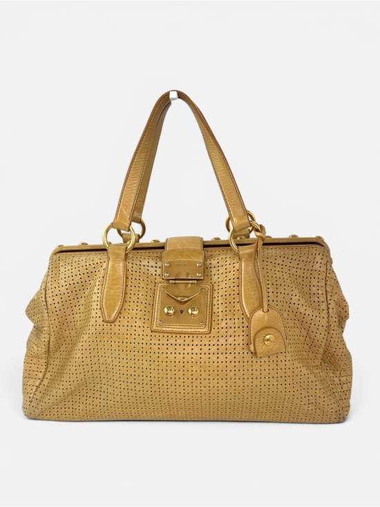 Miu Miu Handbags - Miu Miu Perforated Gold-Tan Leather Satchel
